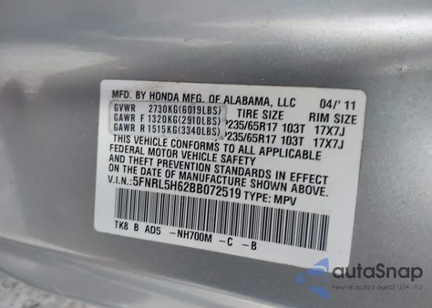 2011 Honda Odyssey Ex-L from USA, damaged, VIN 5FNRL5H62BB072519